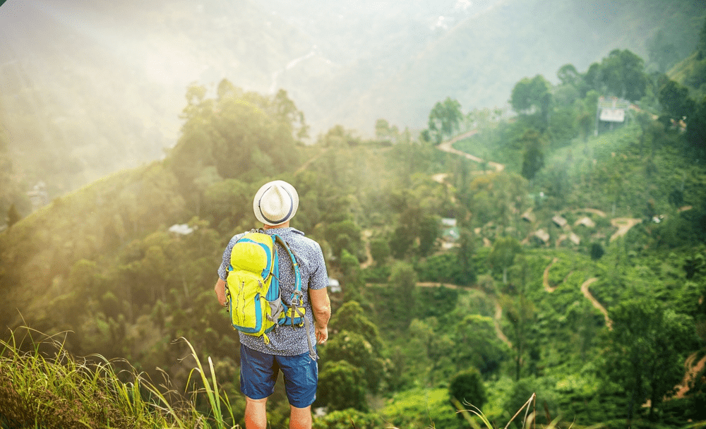 Hiker standing atop Ella Rock with arms relaxed, gazing over misty green valleys and winding trails a scenic moment capturing the essence of the Ella Rock hike and the debate on whether Ella Rock is better than Adams Peak