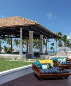 Deck area of Gimanhala Lounge at Shangri-La Hambantota Golf Resort Sri Lanka with a backdrop of Indian Ocean